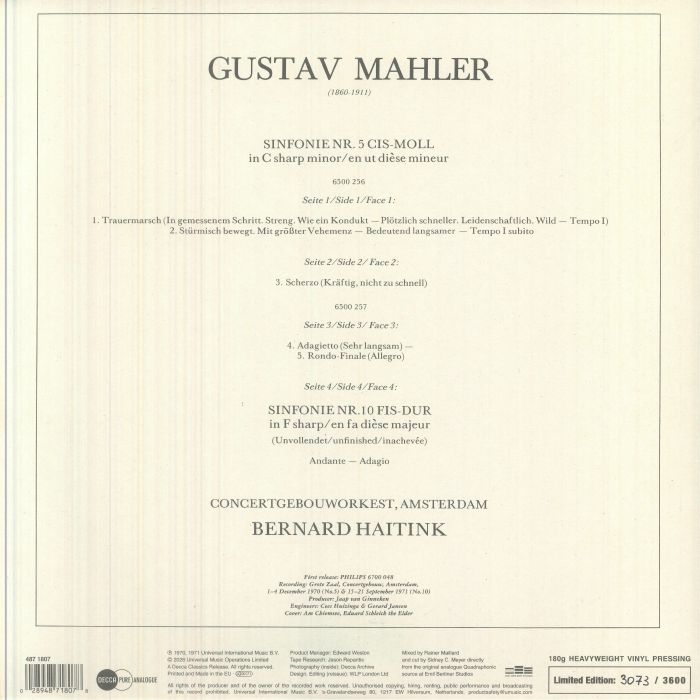 Mahler: Symphony Nos 5 & 10 (Decca Pure Analogue Series) - Gustav Mahler / Bernard Haitink / Royal Concertgebouw Orchestra