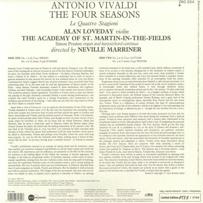 Vivaldi: the Four Seasons (Decca Pure Analogue Series) - Antonio Vivaldi / Sir Neville Marriner / Alan Loveday / Academy of St Martin in the Fields